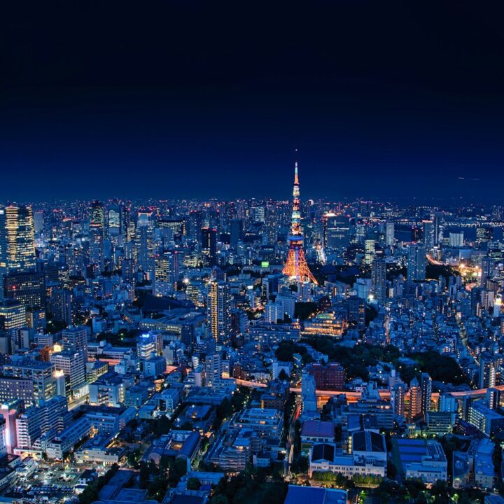 aerial view of city buildings during night time